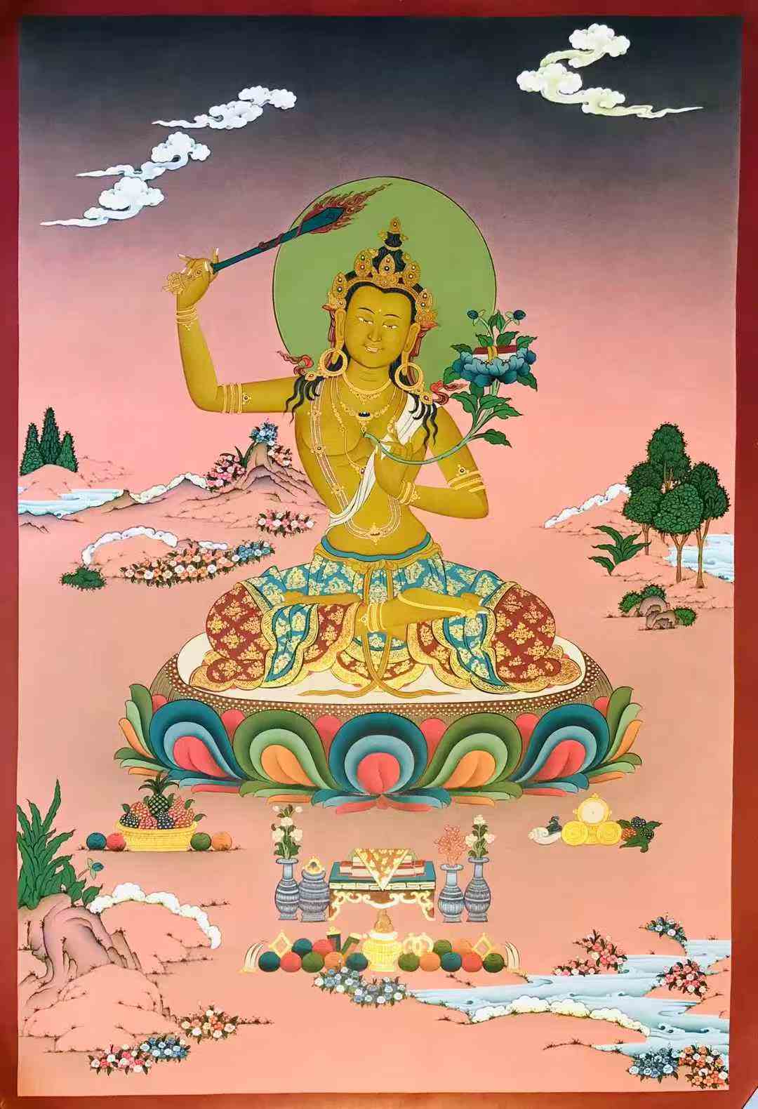 【傳承唐卡】 嘎瑪嘎孜畫風精品唐卡，尺幅80-60CM左右《文殊菩薩》傳承唐卡。