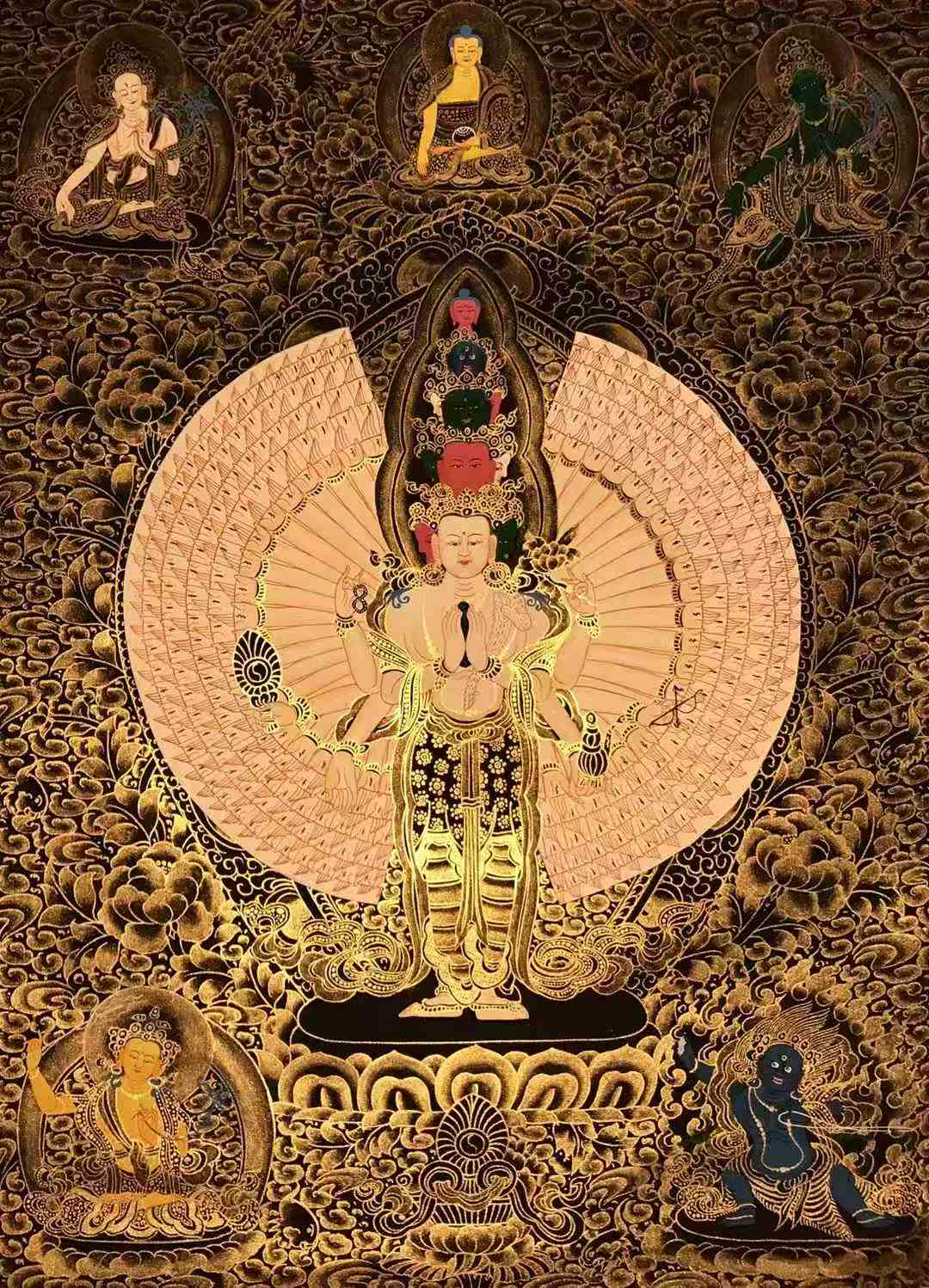 【手繪唐卡】《千手觀音》65-45CM  黑金唐卡