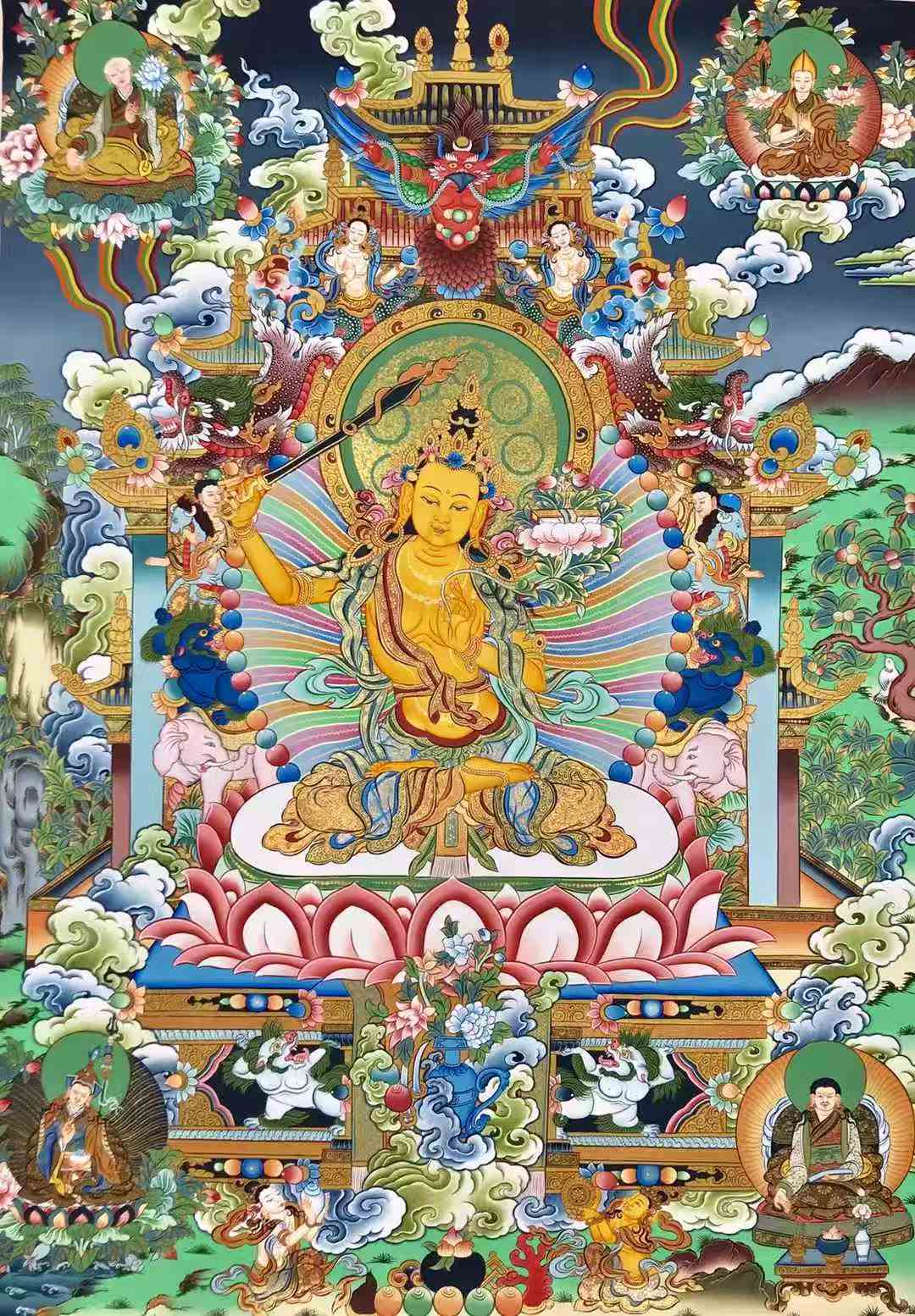 【收藏唐卡】名師純手繪唐卡《文殊菩薩》文殊80-60CM ！左右。