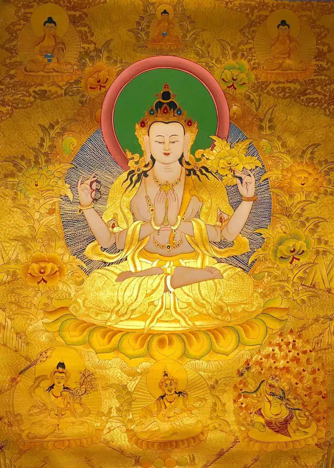 【傳世收藏】純金箔唐卡《四臂觀音》稀有少見 